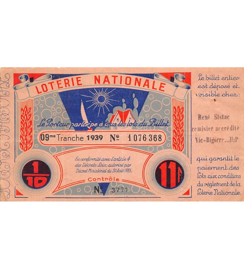 Billet de Loterie Nationale, 11 Francs - 1939