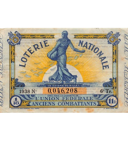 Billet de Loterie Nationale, Union Fédérale Anciens Combattants - 1938