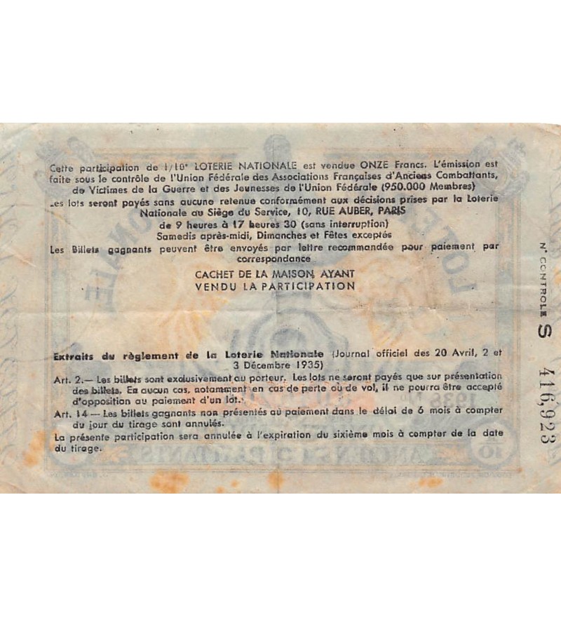 Billet de Loterie Nationale, Union Fédérale Anciens Combattants - 1938