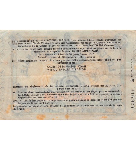 Billet de Loterie Nationale, Union Fédérale Anciens Combattants - 1938
