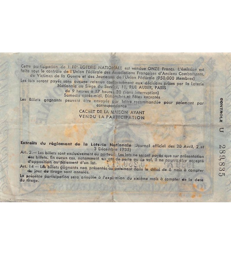 Billet de Loterie Nationale, Union Fédérale Anciens Combattants - 1938