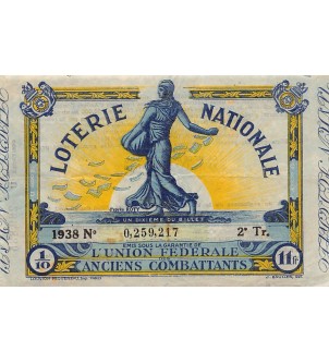 Billet de Loterie Nationale, Union Fédérale Anciens Combattants - 1938 2