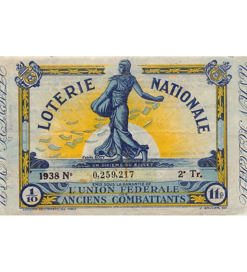 Billet de Loterie Nationale, Union Fédérale Anciens Combattants - 1938
