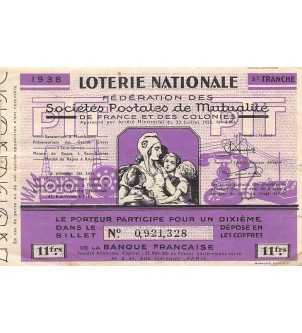 Billet de Loterie Nationale, Sociétés Postales de Mutualité - 1938 2