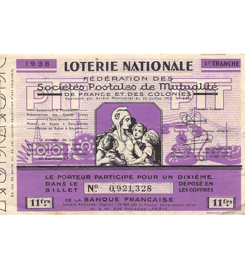 Billet de Loterie Nationale, Sociétés Postales de Mutualité - 1938