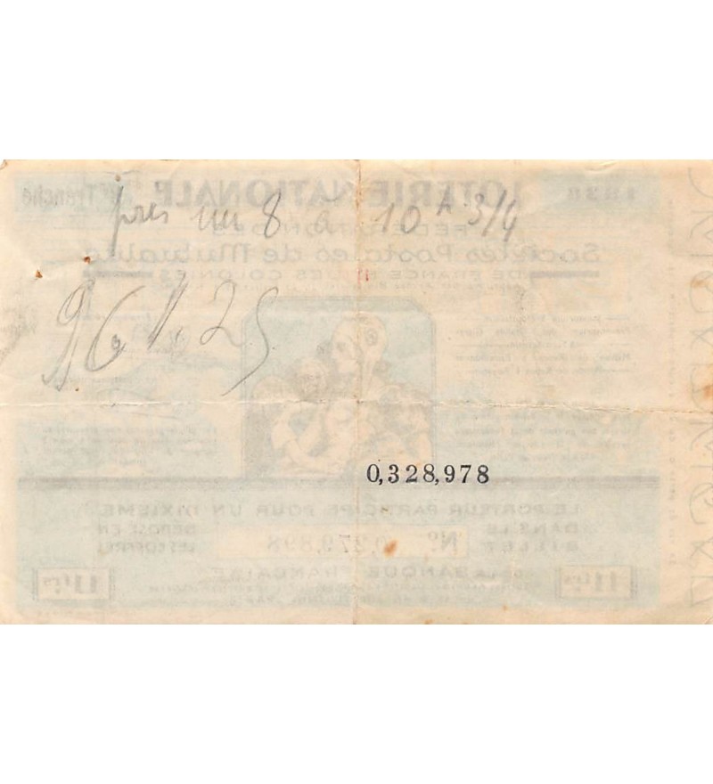 Billet de Loterie Nationale, Sociétés Postales de Mutualité - 1938