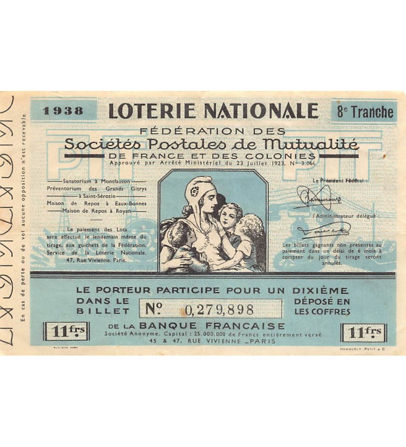 Billet de Loterie Nationale, Sociétés Postales de Mutualité - 1938