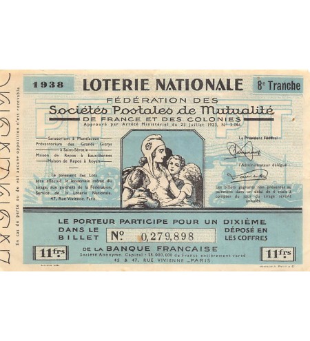 Billet de Loterie Nationale, Sociétés Postales de Mutualité - 1938