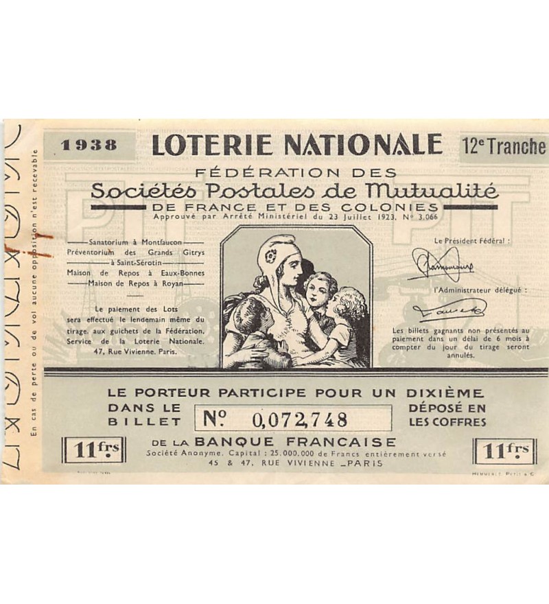Billet de Loterie Nationale, Sociétés Postales de Mutualité - 1938
