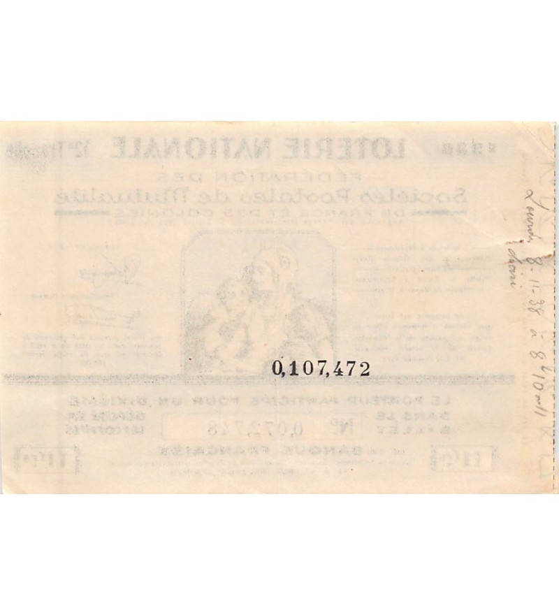 Billet de Loterie Nationale, Sociétés Postales de Mutualité - 1938
