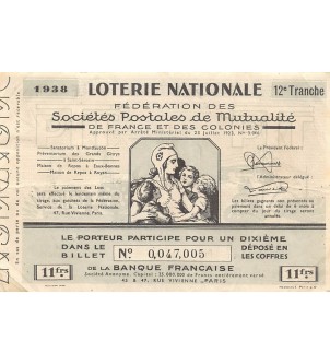 Billet de Loterie Nationale, Sociétés Postales de Mutualité - 1938