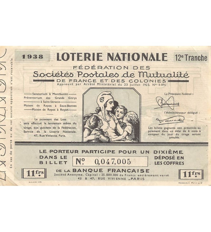 Billet de Loterie Nationale, Sociétés Postales de Mutualité - 1938