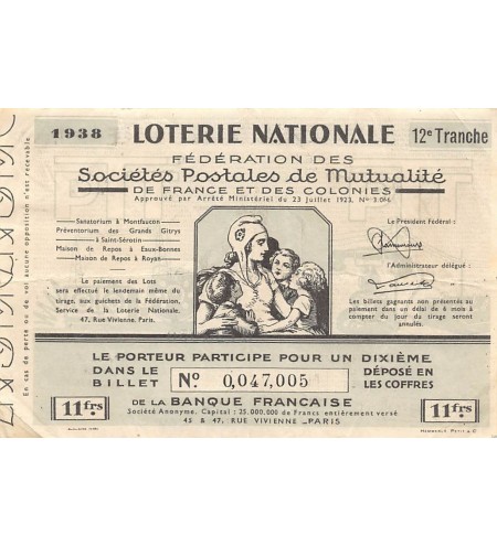 Billet de Loterie Nationale, Sociétés Postales de Mutualité - 1938