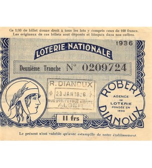 Billet de Loterie Nationale, Robert Dianoux, ALGER - 1936 2