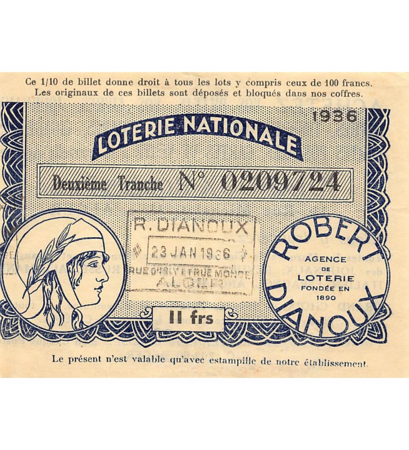 Billet de Loterie Nationale, Robert Dianoux, ALGER - 1936