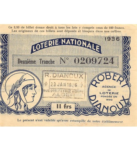 Billet de Loterie Nationale, Robert Dianoux, ALGER - 1936