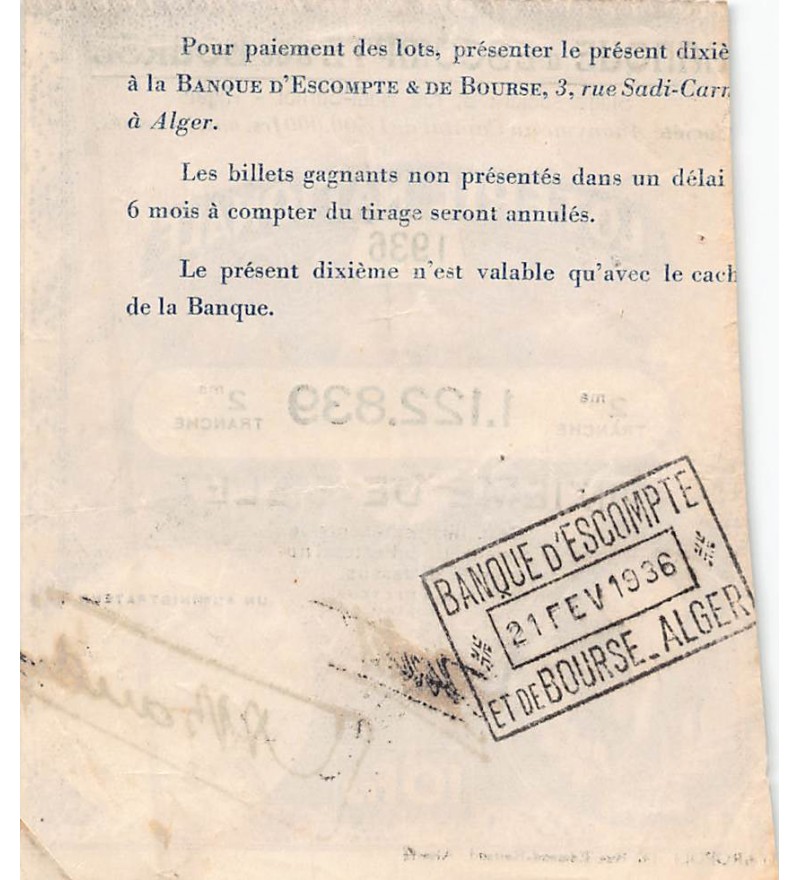 Billet de Loterie Nationale, Banque d'escompte & bourse, ALGER - 1936