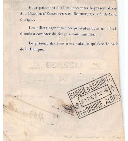 Billet de Loterie Nationale, Banque d'escompte & bourse, ALGER - 1936