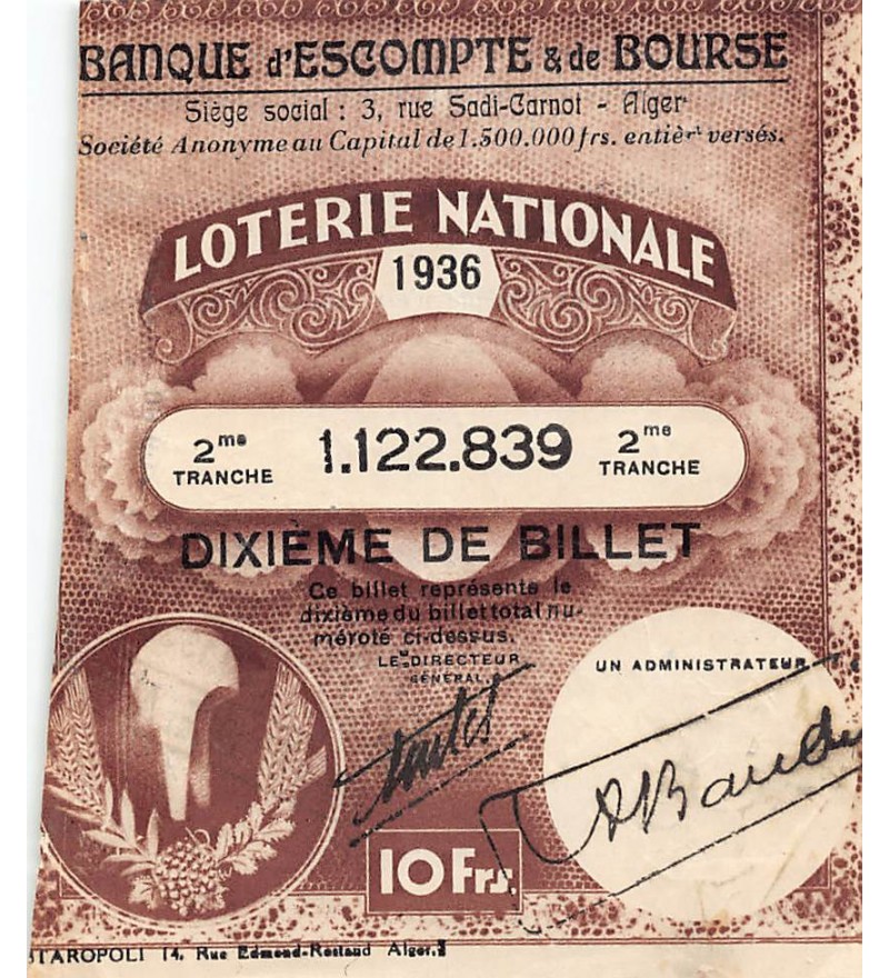 Billet de Loterie Nationale, Banque d'escompte & bourse, ALGER - 1936