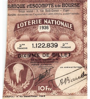 Billet de Loterie Nationale, Banque d'escompte & bourse, ALGER - 1936