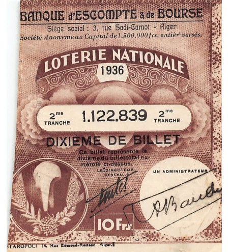 Billet de Loterie Nationale, Banque d'escompte & bourse, ALGER - 1936