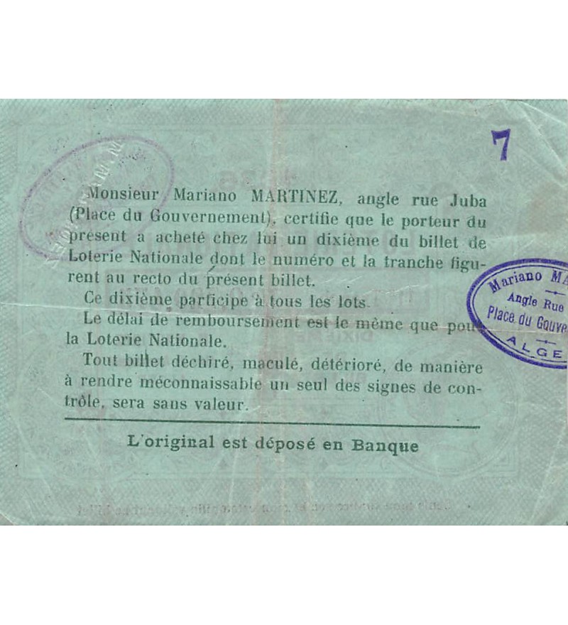 Billet de Loterie Nationale, Mariano Martinez, ALGER - 1936