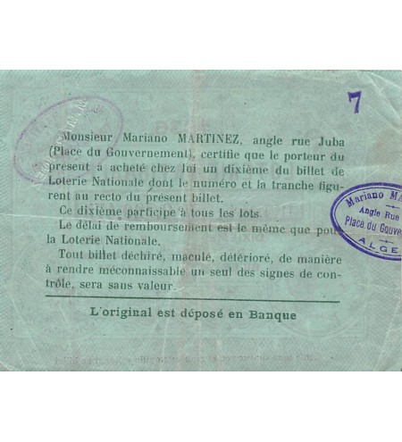Billet de Loterie Nationale, Mariano Martinez, ALGER - 1936