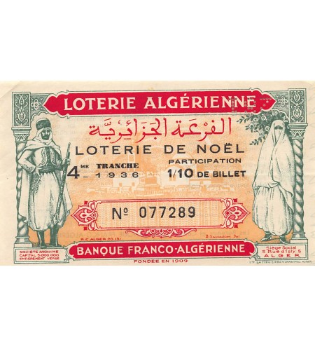Billet de Loterie Algérienne, Banque Franco-algérienne - 1936