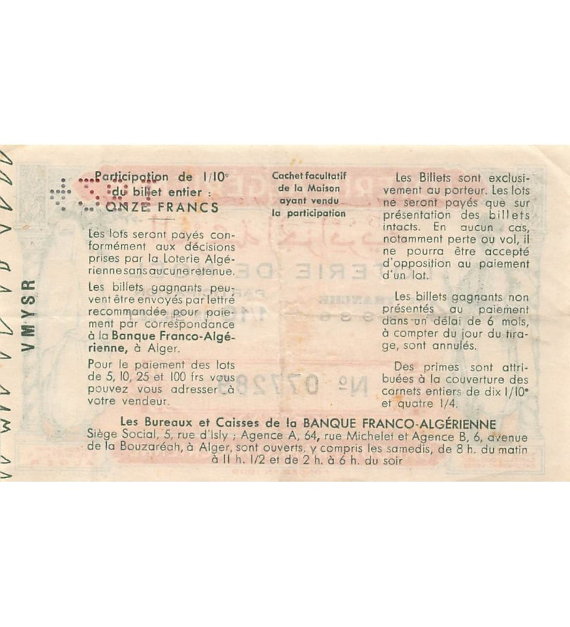 Billet de Loterie Algérienne, Banque Franco-algérienne - 1936