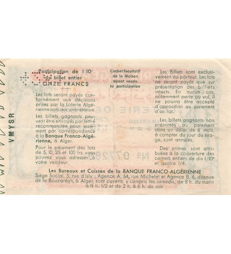 Billet de Loterie Algérienne, Banque Franco-algérienne - 1936