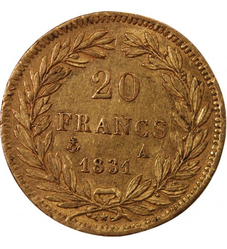 LOUIS PHILIPPE﻿ Ier - 20 FRANCS OR 1831 A PARIS "Tête Nue Tranche en Creux"﻿