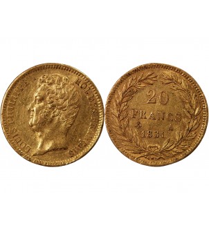 LOUIS PHILIPPE﻿ Ier - 20 FRANCS OR 1831 A PARIS "Tête Nue Tranche en Creux"﻿ 2