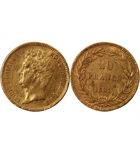 LOUIS PHILIPPE﻿ Ier - 20 FRANCS OR 1831 A PARIS "Tête Nue Tranche en Creux"﻿