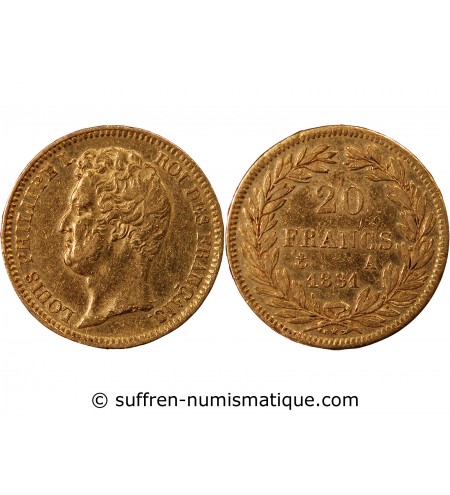 LOUIS PHILIPPE﻿ Ier - 20 FRANCS OR 1831 A PARIS "Tête Nue Tranche en Relief"﻿