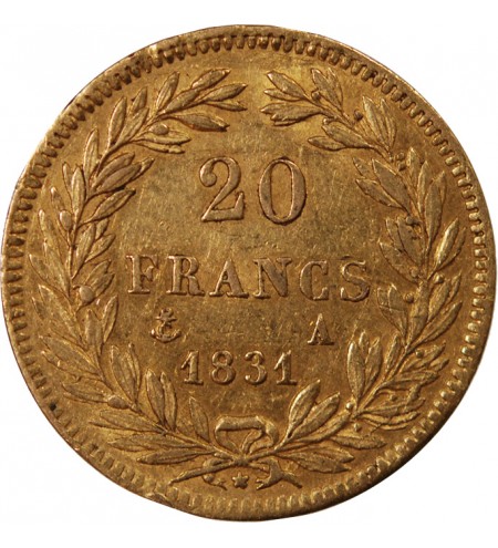 LOUIS PHILIPPE﻿ Ier - 20 FRANCS OR 1831 A PARIS "Tête Nue Tranche en Creux"﻿