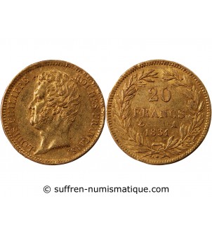 LOUIS PHILIPPE﻿ Ier - 20 FRANCS OR 1831 A PARIS "Tête Nue Tranche en Creux"﻿