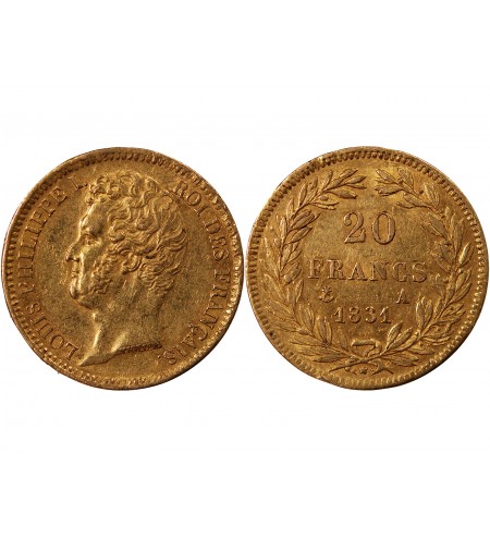 LOUIS PHILIPPE﻿ Ier - 20 FRANCS OR 1831 A PARIS "Tête Nue Tranche en Creux"﻿