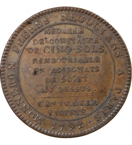 MONNAIE DE CONFIANCE - MONNERON 5 SOLS AU SERMENT 1792 L'AN IV