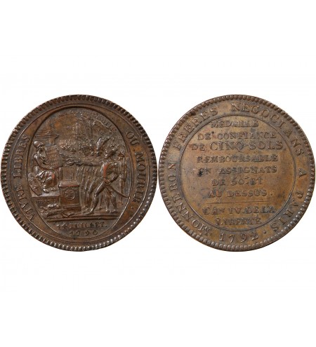 MONNAIE DE CONFIANCE - MONNERON 5 SOLS AU SERMENT 1792 L'AN IV