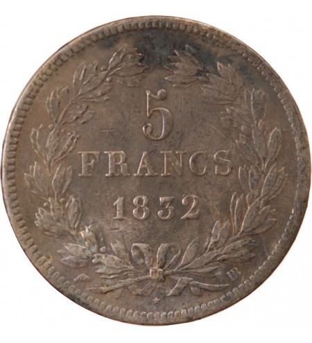 LOUIS PHILIPPE﻿ - 5 FRANCS ARGENT 1832 BB STRASBOURG "Type Domard, Tr relief"