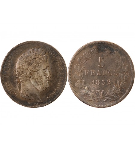 LOUIS PHILIPPE﻿ - 5 FRANCS ARGENT 1832 BB STRASBOURG "Type Domard, Tr relief"