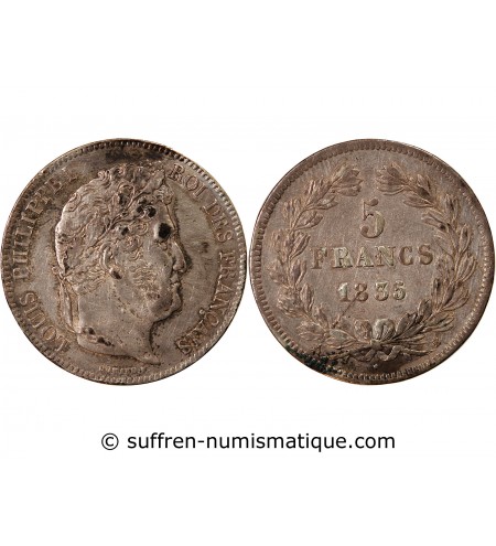 LOUIS PHILIPPE﻿ - 5 FRANCS ARGENT 1835 B ROUEN "Type Domard, Tr relief"