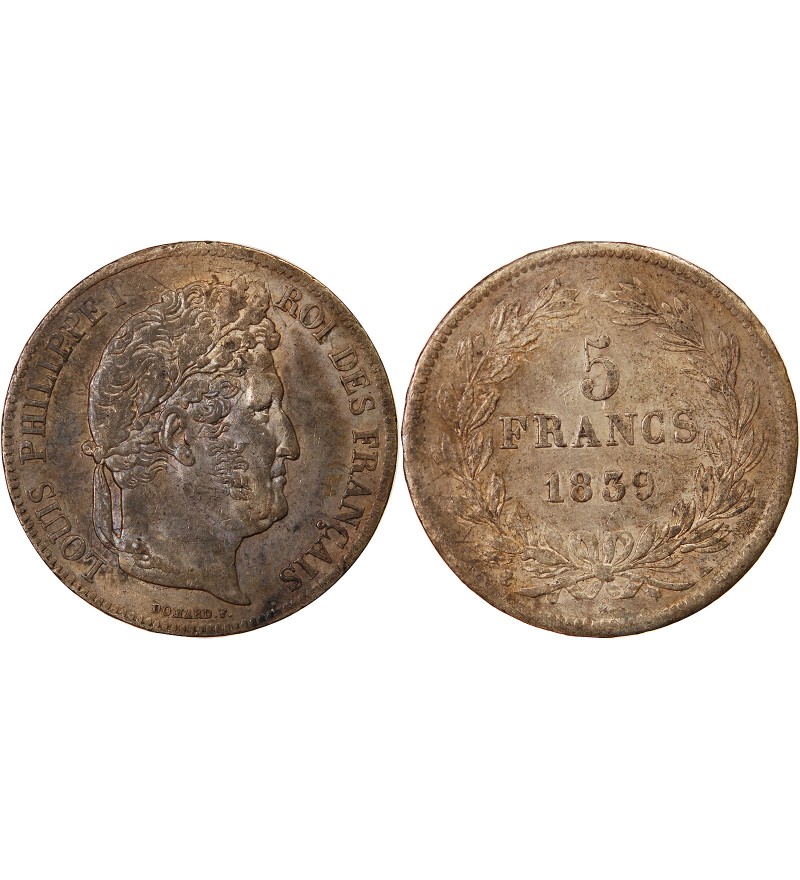 LOUIS PHILIPPE﻿ - 5 FRANCS ARGENT 1839 A PARIS "Type Domard, Tr relief"
