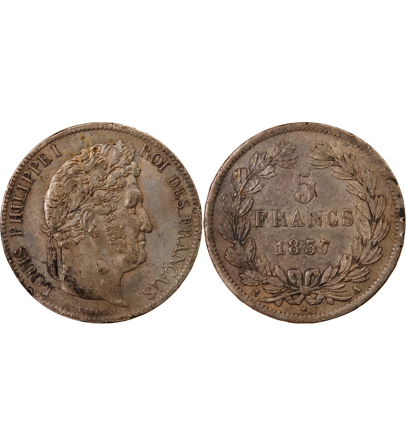 LOUIS PHILIPPE﻿ - 5 FRANCS ARGENT 1837 A PARIS "Type Domard, Tr relief"