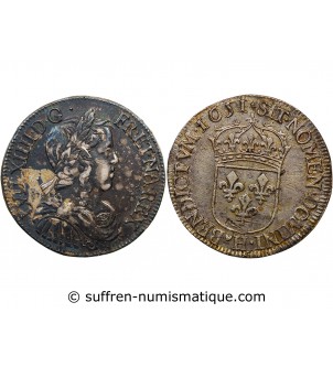 LOUIS XIV﻿ - 1/2 ECU A LA MECHE LONGUE 1651 H LA ROCHELLE "Légende Fautée"