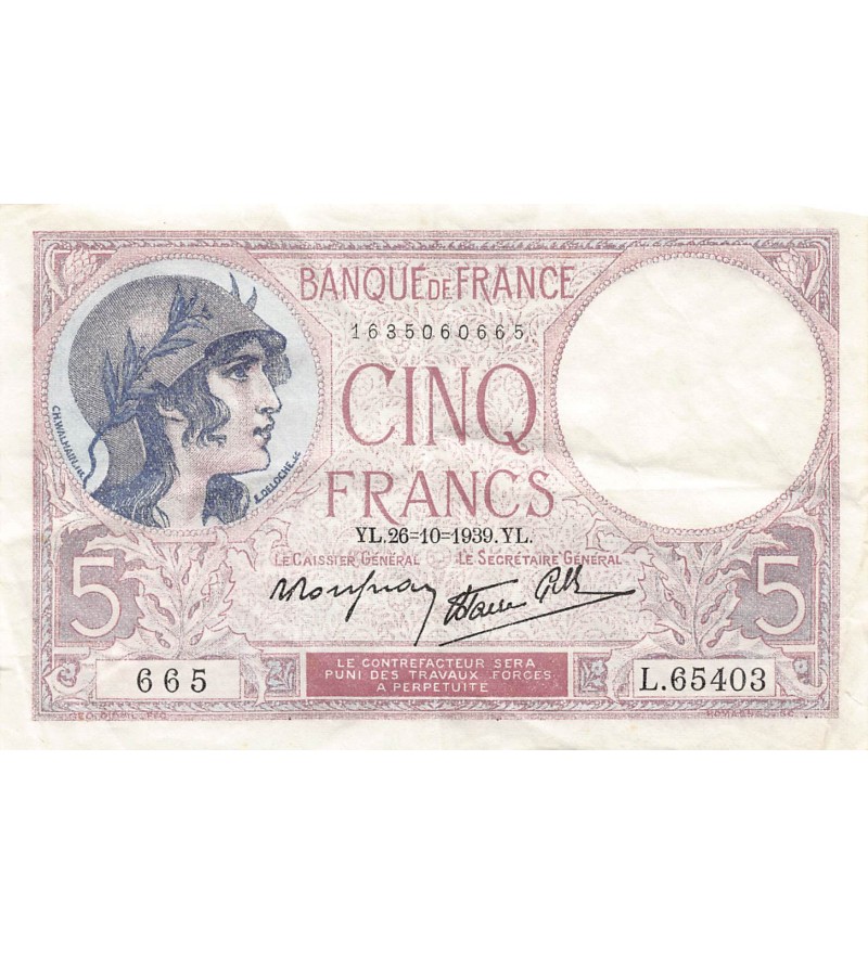 FRANCE - 5 FRANCS VIOLET 26/10/1939 - TTB