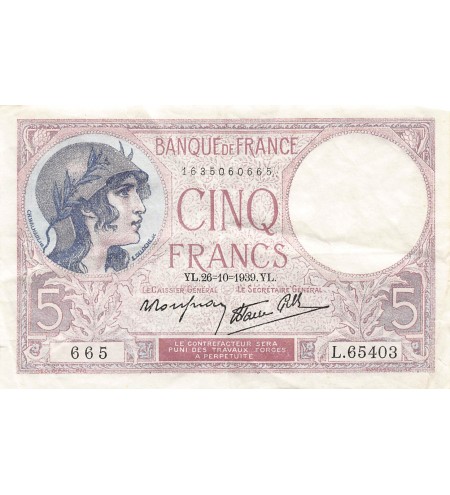 FRANCE - 5 FRANCS VIOLET 26/10/1939 - TTB