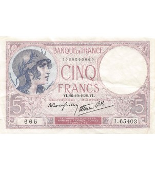 FRANCE - 5 FRANCS VIOLET 26/10/1939 - TTB 2