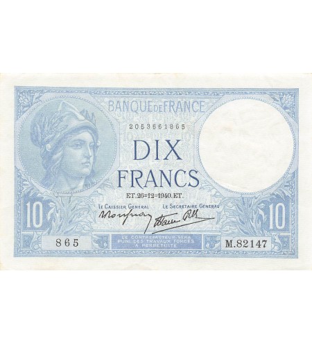 FRANCE - 10 FRANCS MINERVE 26/12/1940 - TTB+