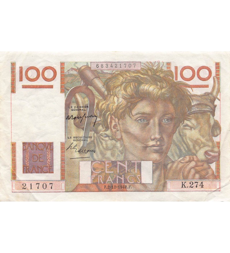 FRANCE - 100 FRANCS JEUNE PAYSAN 02/12/1948 - TTB